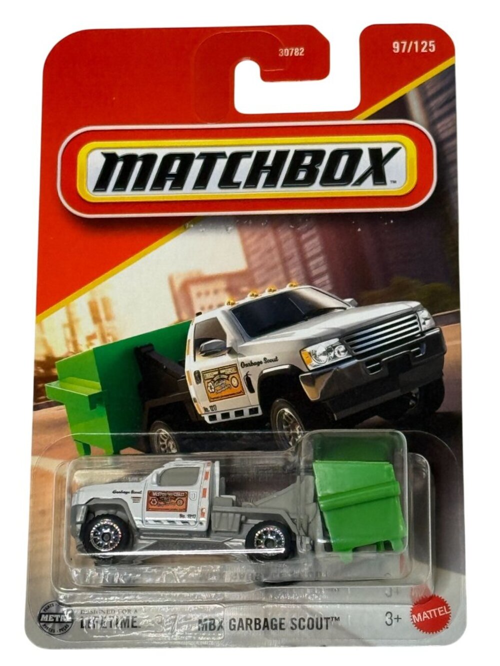 Matchbox 2024 MBX Garbage Scout White Truck Green Dumpster 97/125 NOC